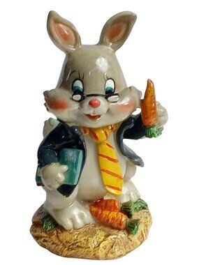 Vintage Rabbit Figurine Polyresin 5" Gray Cheerful Bunny